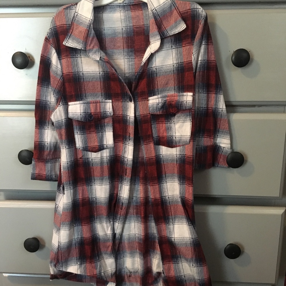 Red, white, and blue plaid shirt